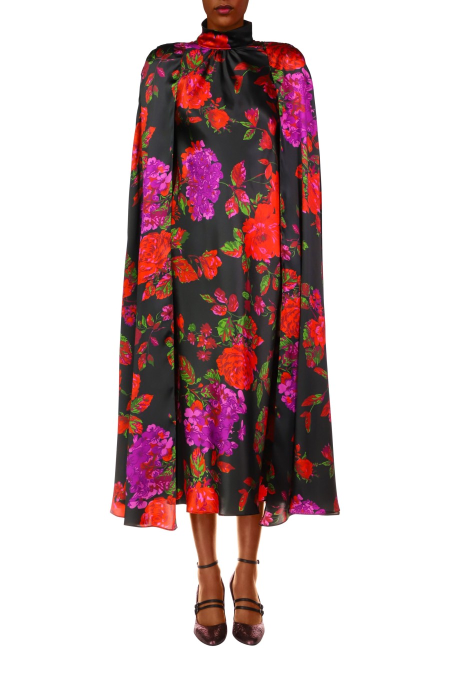 Hot Red And Purple Floral Silk Satin Cape Dress Dresses