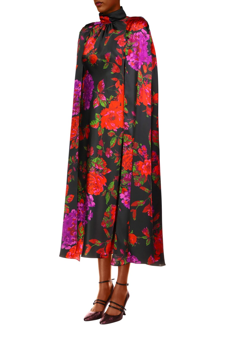 Hot Red And Purple Floral Silk Satin Cape Dress Dresses