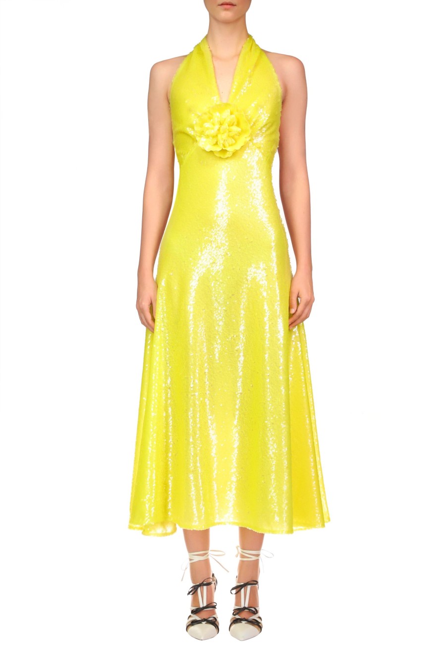 Hot Yellow Sequin Halter Bias Dress With Flower Detail Dresses