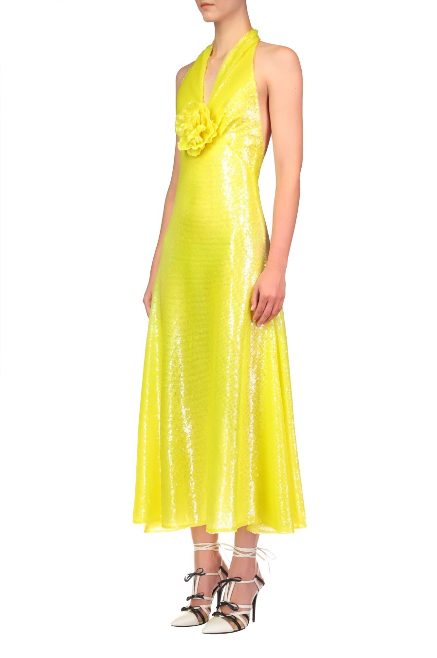 Hot Yellow Sequin Halter Bias Dress With Flower Detail Dresses