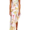 Wholesale Off White Fairy Printed Silk Chiffon And Satin Asymetrical Cowl Neck Gown Dresses