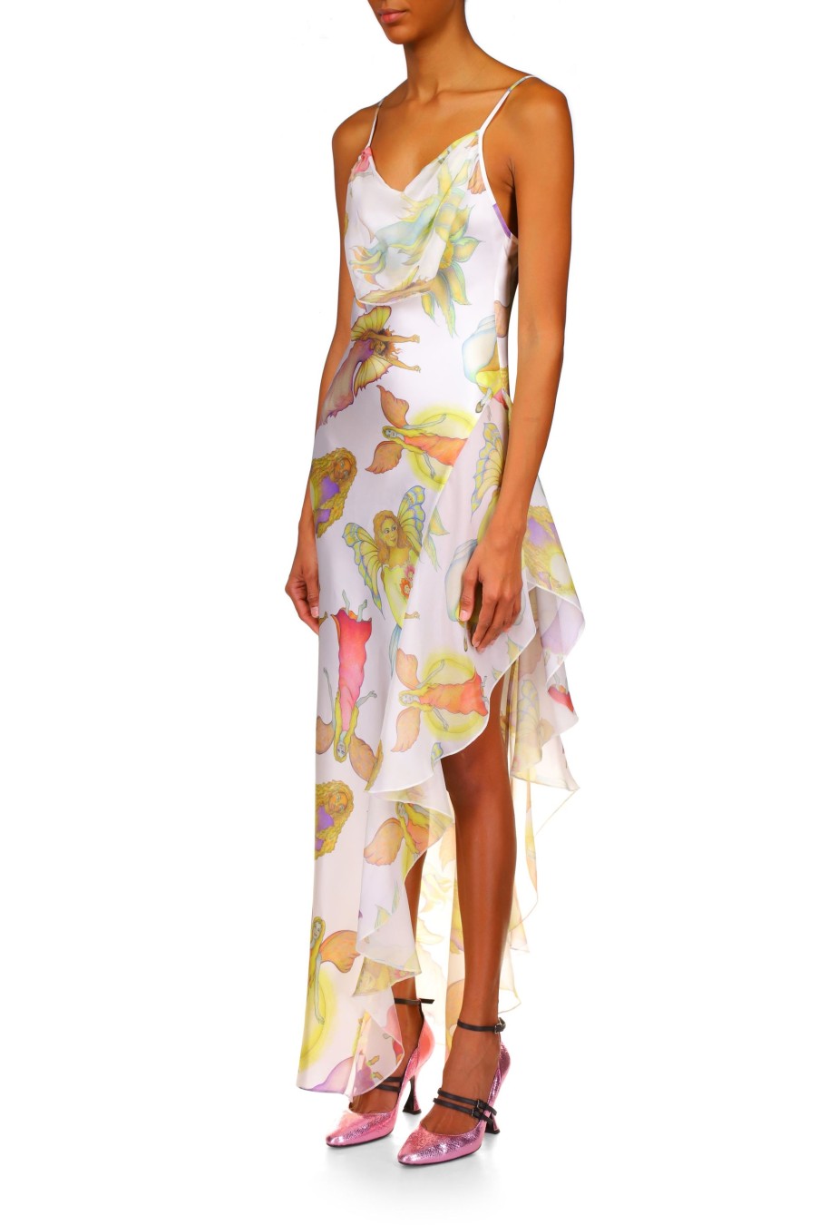 Wholesale Off White Fairy Printed Silk Chiffon And Satin Asymetrical Cowl Neck Gown Dresses