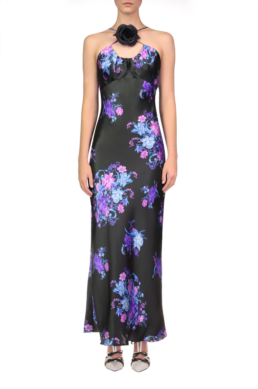 New Floral Printed Silk Satin Bias Halter Dress With Ruched Bust And Silk Flower Detail Dresses