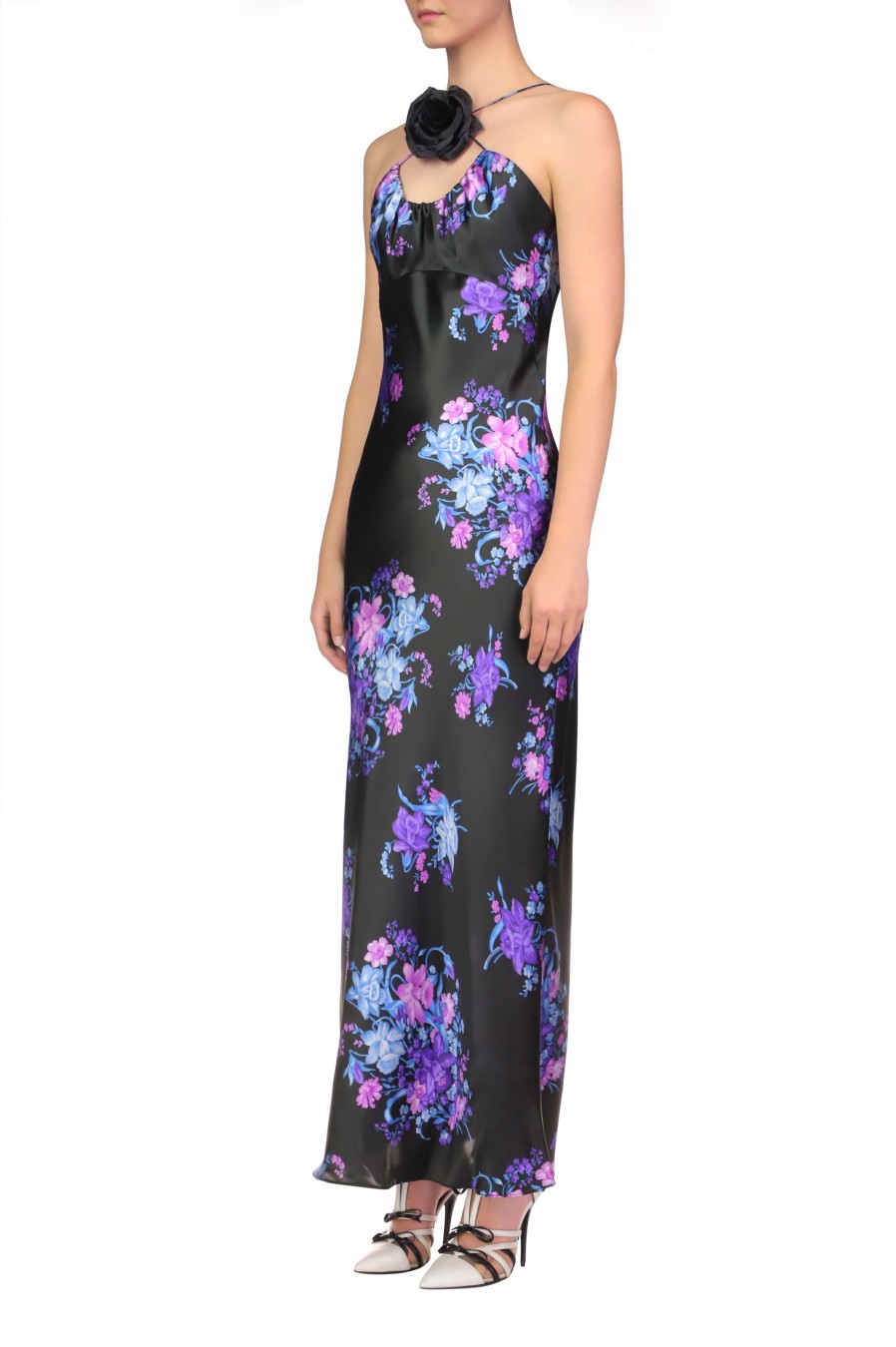 New Floral Printed Silk Satin Bias Halter Dress With Ruched Bust And Silk Flower Detail Dresses