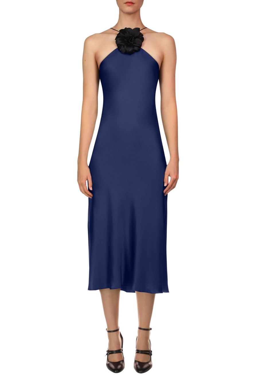 Online Navy Silk Satin Halter Dress With Flower Dresses