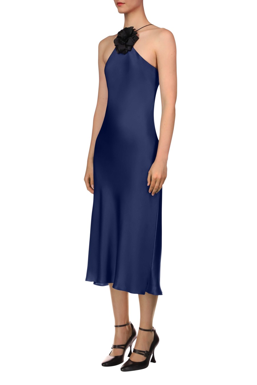 Online Navy Silk Satin Halter Dress With Flower Dresses