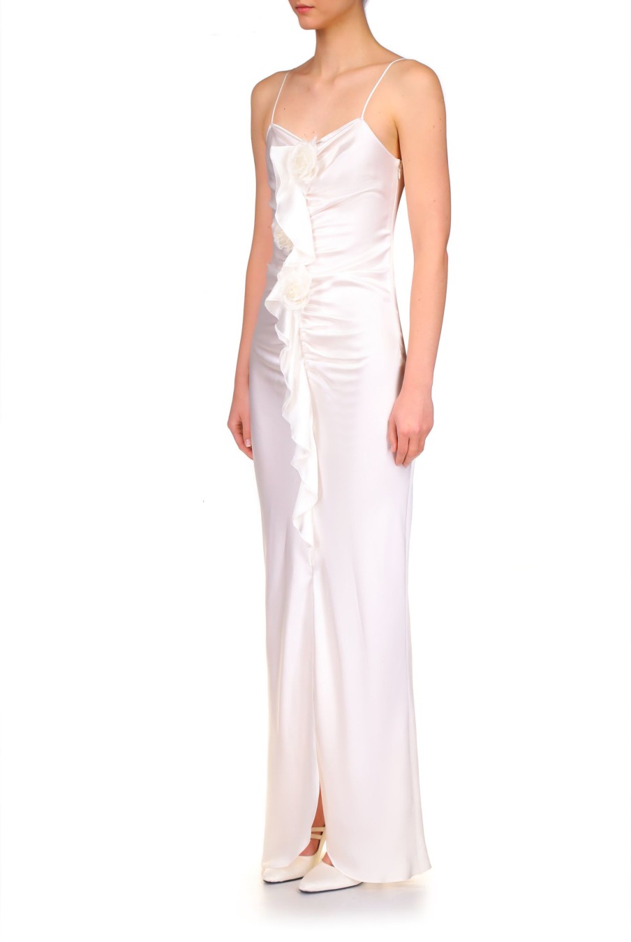 Wholesale Off White Silk Ruched Gown With Ruffle Detail And Silk Roses Dresses