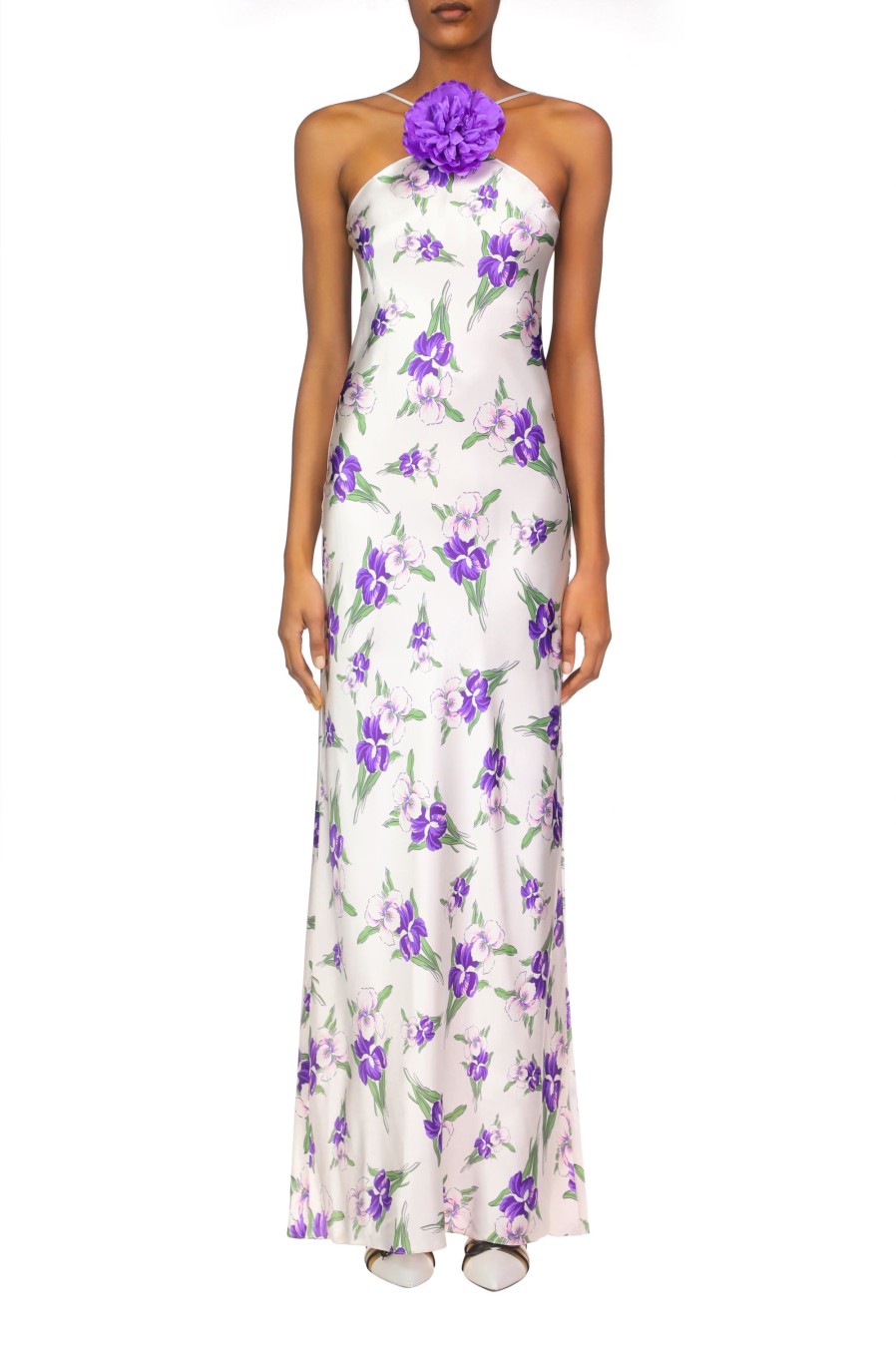 Hot Purple Iris Printed Silk Halter Gown With Silk Flower Detail Dresses