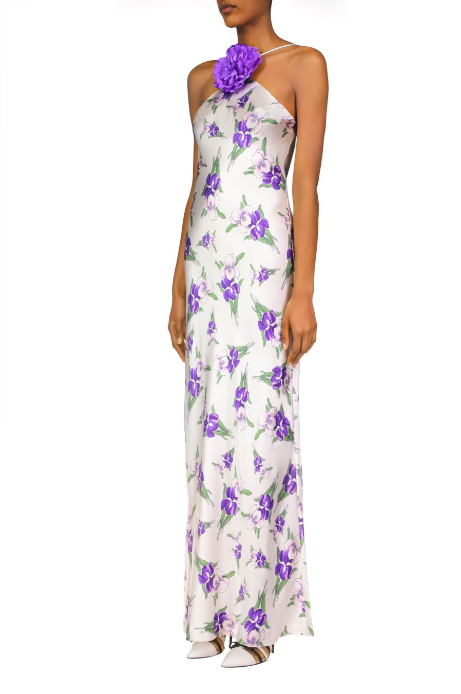 Hot Purple Iris Printed Silk Halter Gown With Silk Flower Detail Dresses