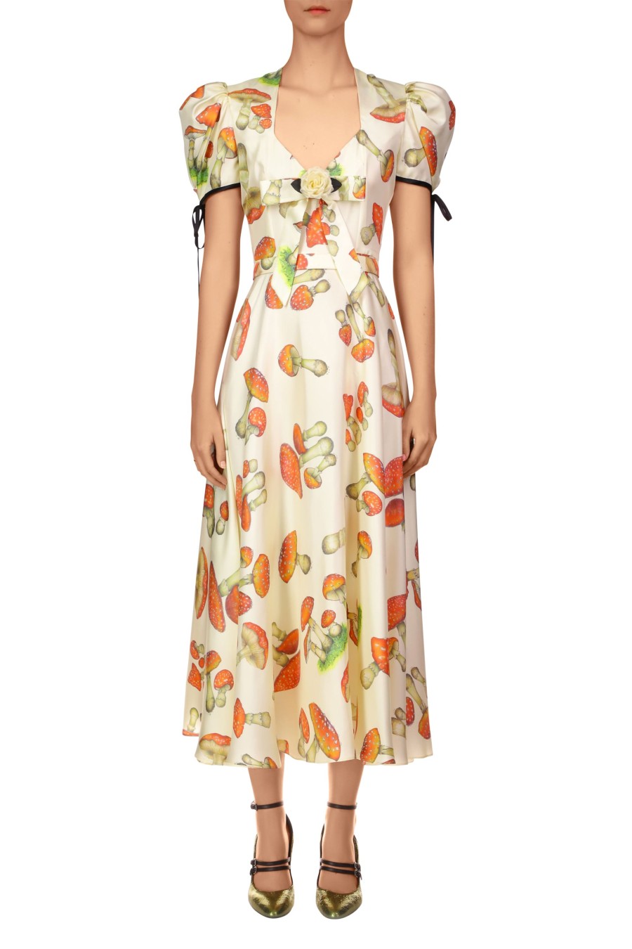 Online Mushroom Printed Twill Dress With Silk Flower Dresses