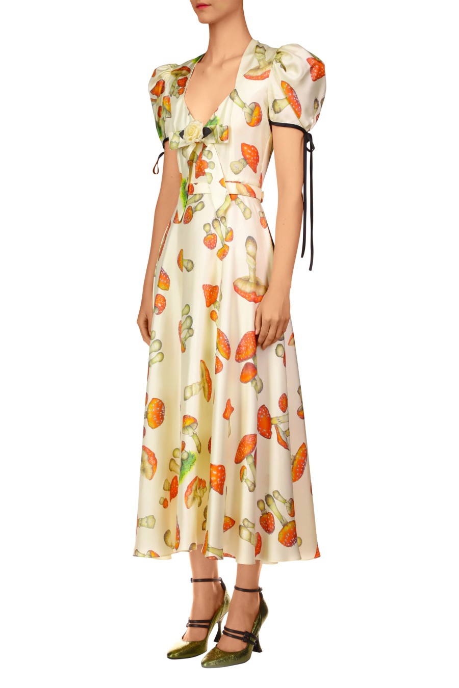 Online Mushroom Printed Twill Dress With Silk Flower Dresses