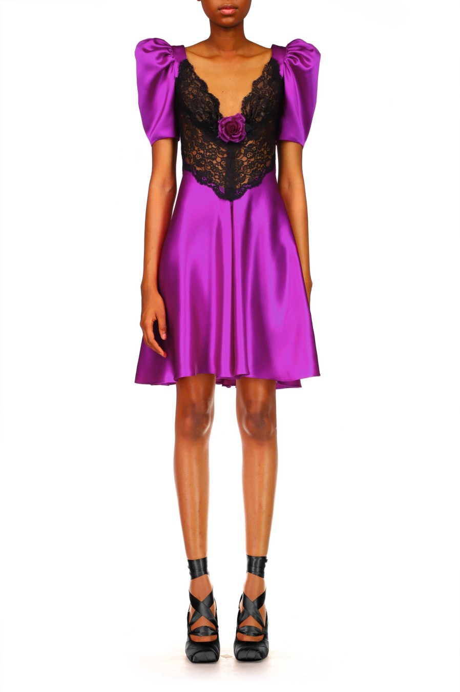 Wholesale Purple Silk Short Sleeve Mini Dress With Lace Detail Dresses