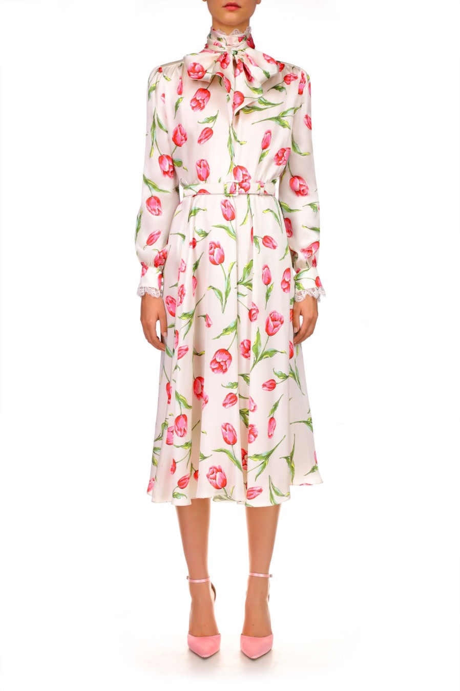 Wholesale Tulip Printed Silk Dress With Sash Tie Neck Dresses