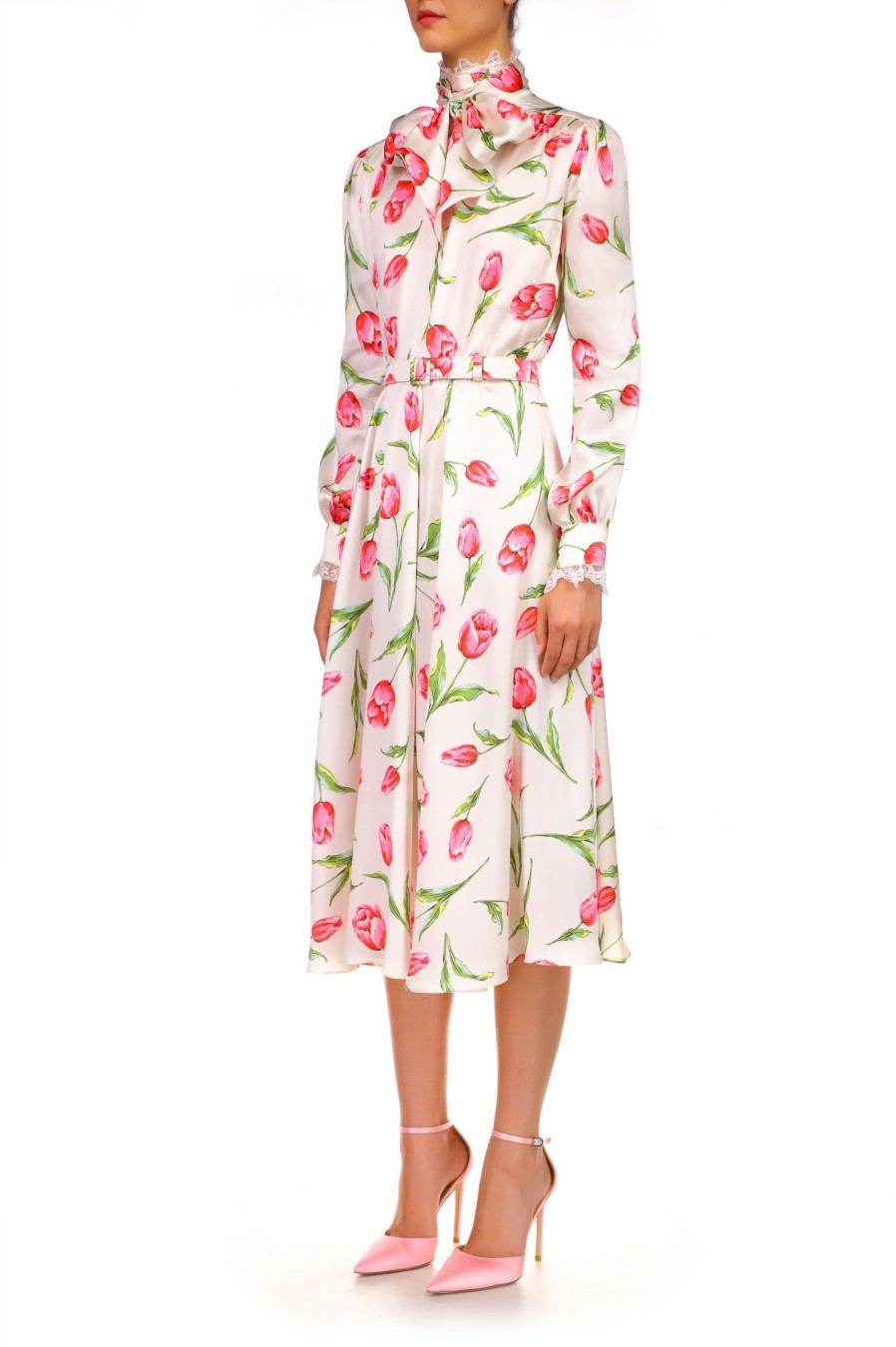 Wholesale Tulip Printed Silk Dress With Sash Tie Neck Dresses