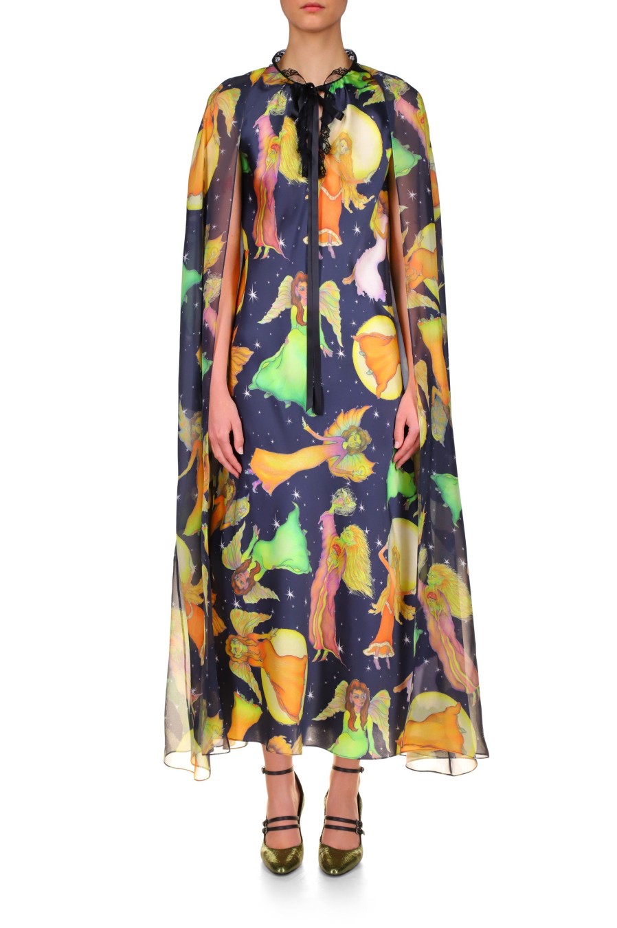 Online Midnight Fairy Printed Silk Chiffon And Satin Cape Dress Dresses