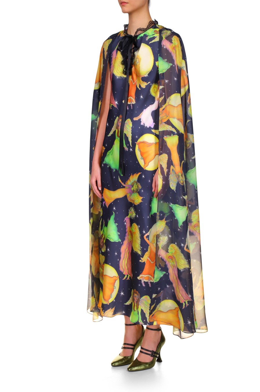 Online Midnight Fairy Printed Silk Chiffon And Satin Cape Dress Dresses