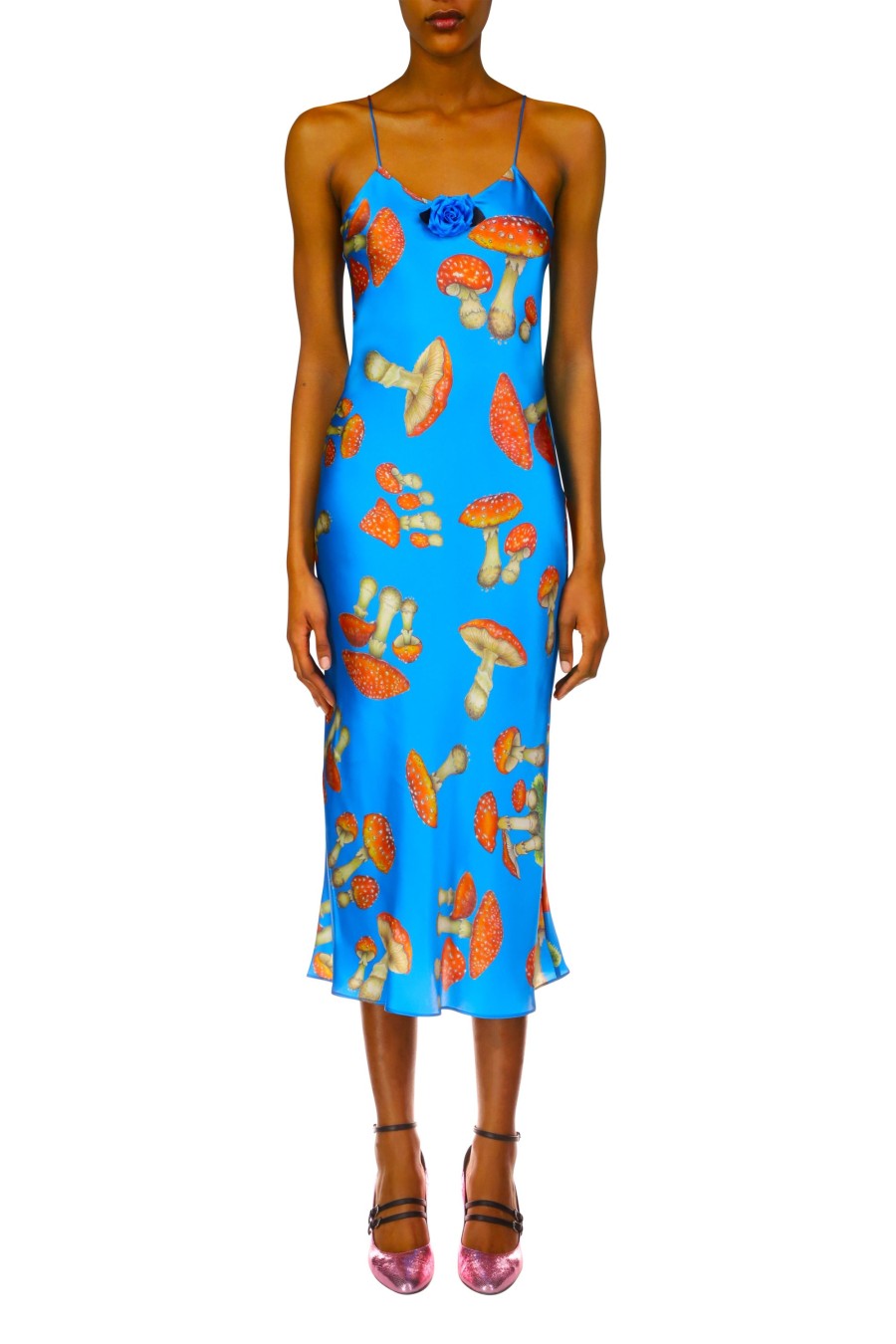 New Teal Mushroom Printed Silk Satin Slip Dress Dresses