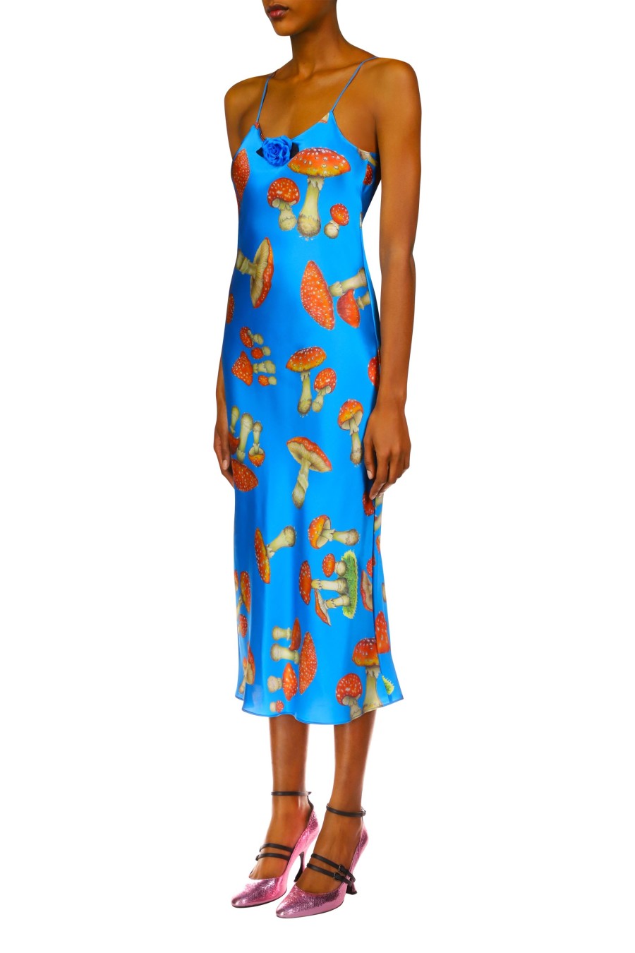 New Teal Mushroom Printed Silk Satin Slip Dress Dresses