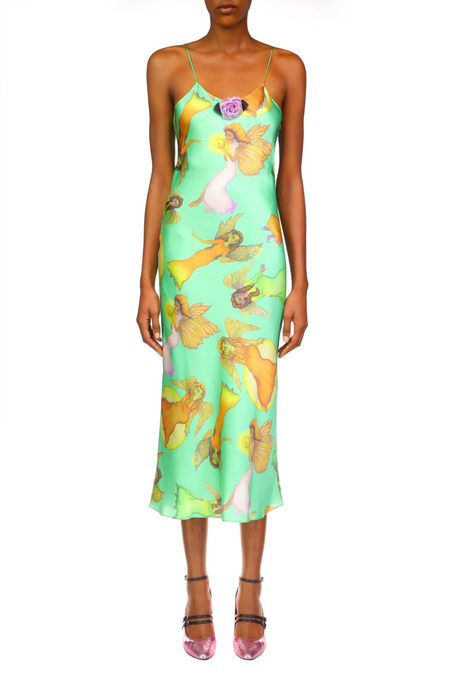 New Green Fairy Printed Silk Satin Bias Slip Dress Dresses