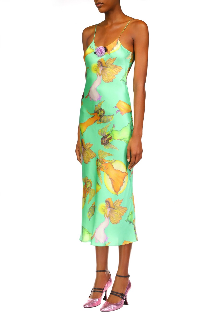 New Green Fairy Printed Silk Satin Bias Slip Dress Dresses