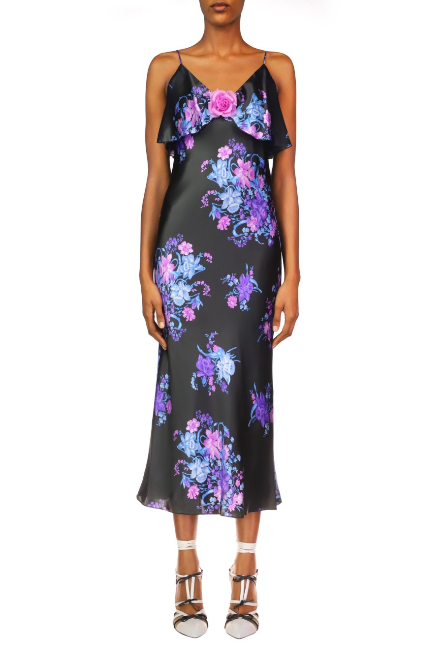 Clearance Floral Printed Satin Charmeuse Bias Slip Dress With Ruffle And Silk Flower Detail Dresses