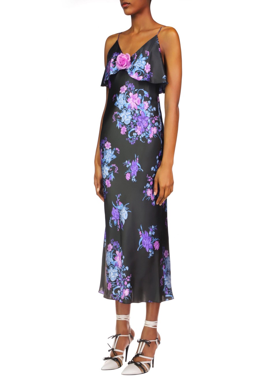 Clearance Floral Printed Satin Charmeuse Bias Slip Dress With Ruffle And Silk Flower Detail Dresses