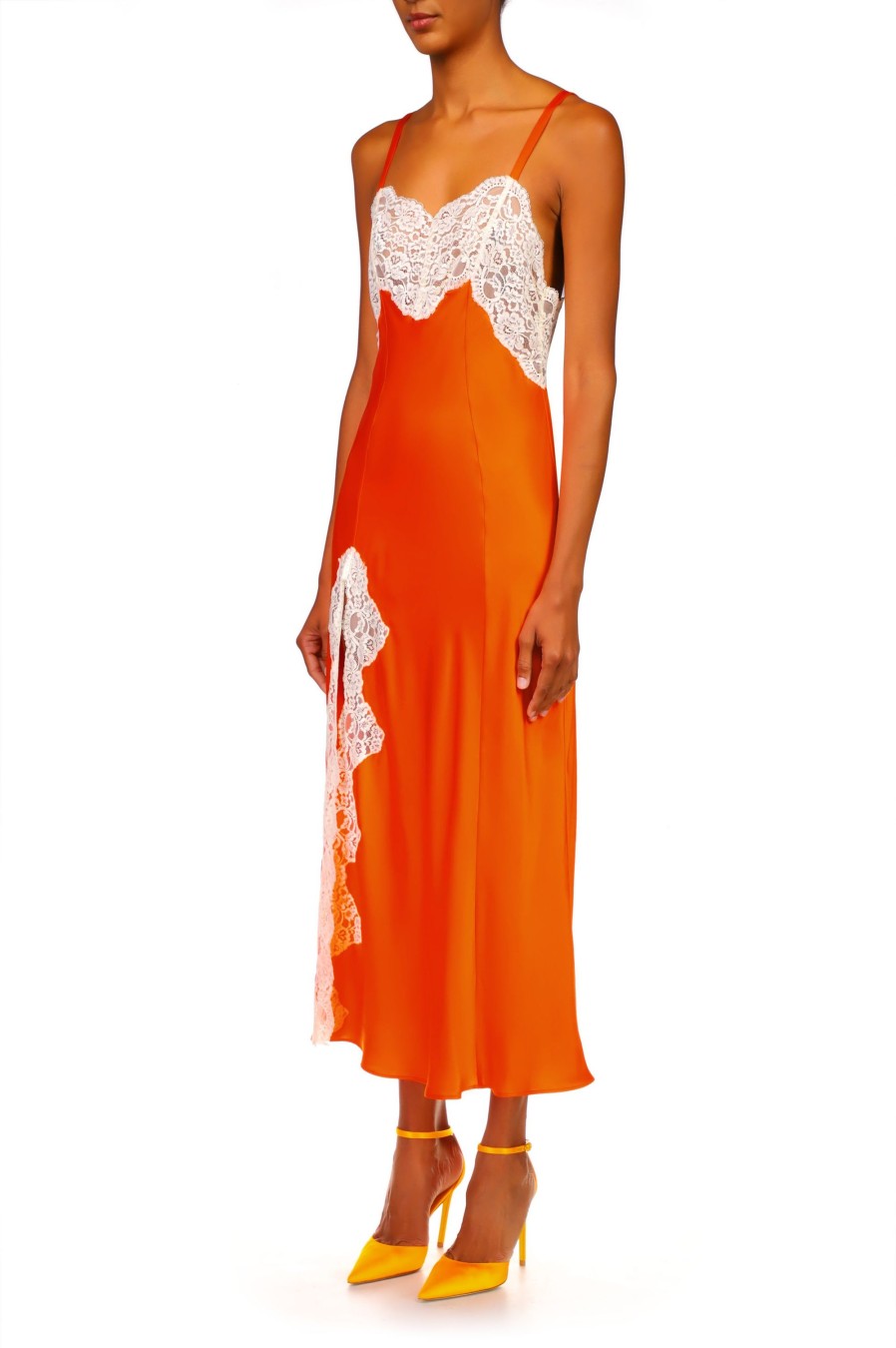 Best Orange Silk Satin And Lace Bias Slip Dress Dresses