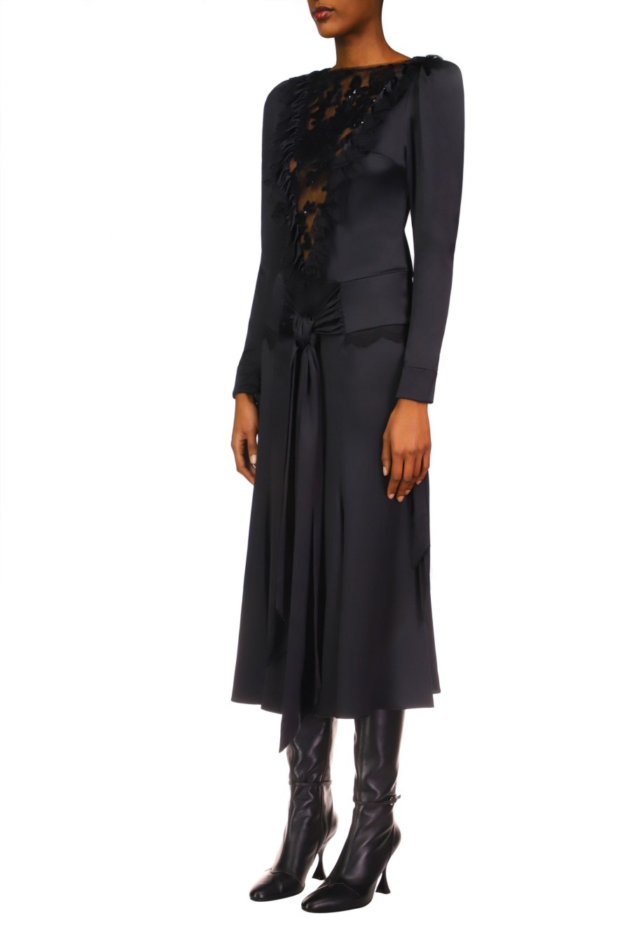 Best Black Silk Long Sleeve Dress With Black Sequin Tulle & Sash Dresses