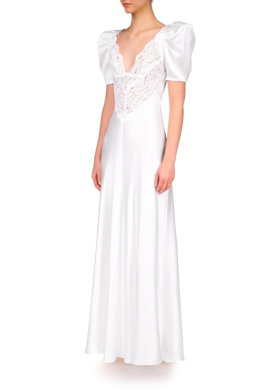 New Off White Silk Satin Short Sleeve Gown With Lace Details Dresses