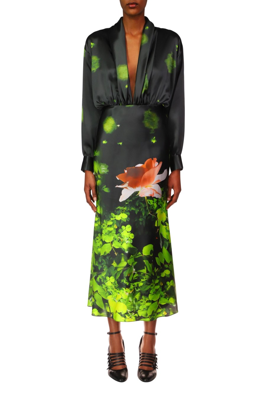 Clearance Rose Printed Satin Bias Dress With Shawl Collar Dresses