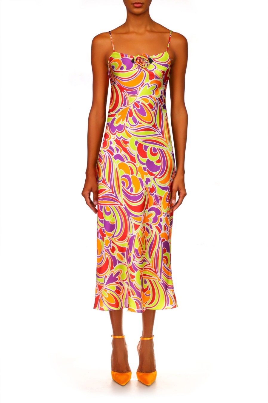 New Red And Orange Multicolor Printed Midi Length Slip Dress Dresses