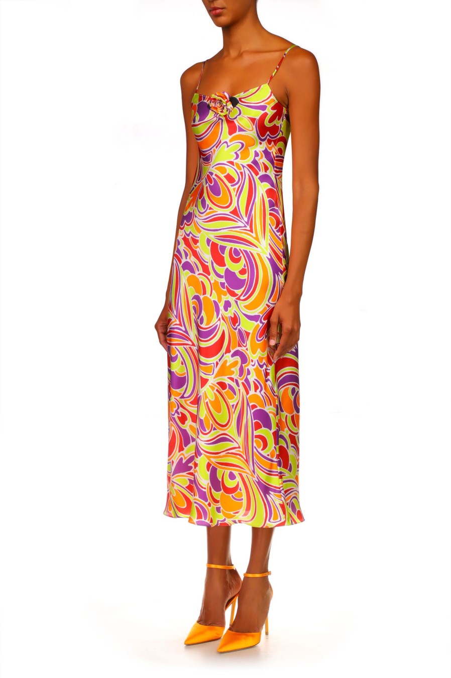 New Red And Orange Multicolor Printed Midi Length Slip Dress Dresses