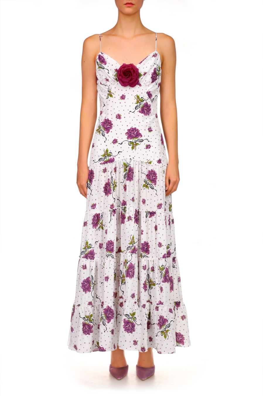 Wholesale Purple Rose Printed Silk Tiered Dress With Silk Flower Dresses