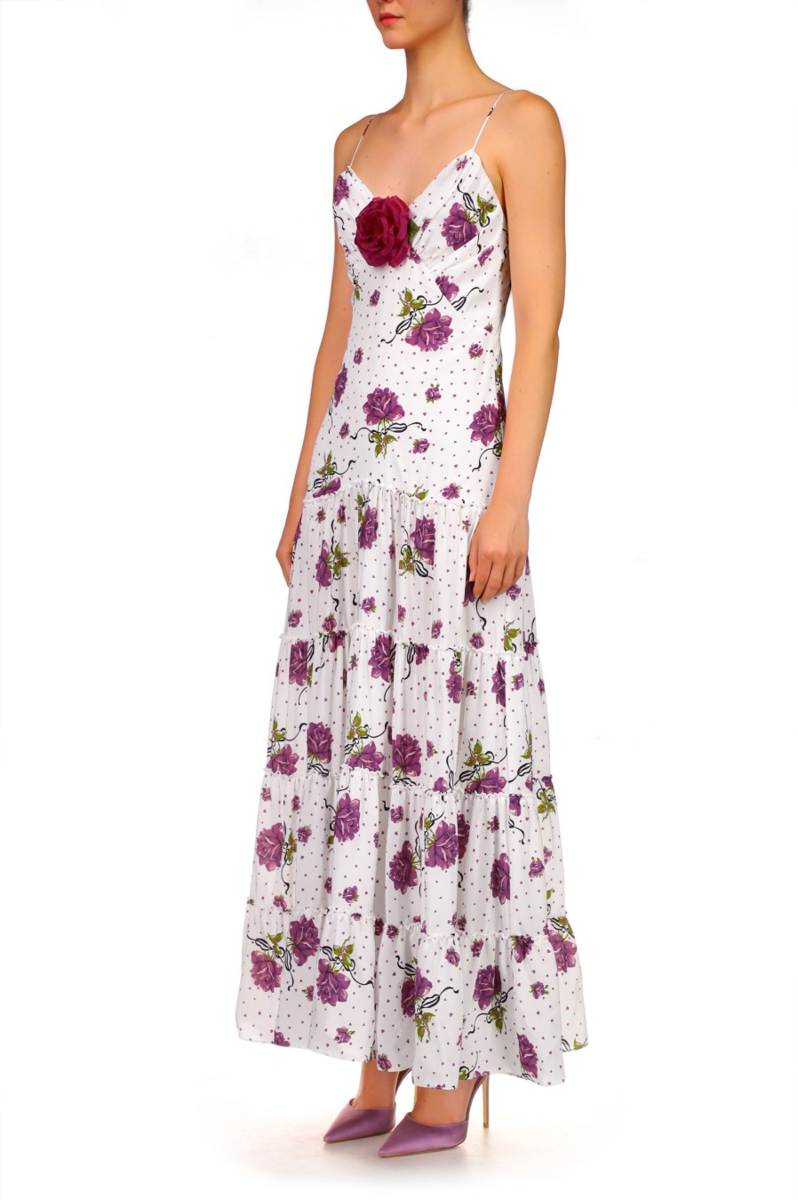 Wholesale Purple Rose Printed Silk Tiered Dress With Silk Flower Dresses