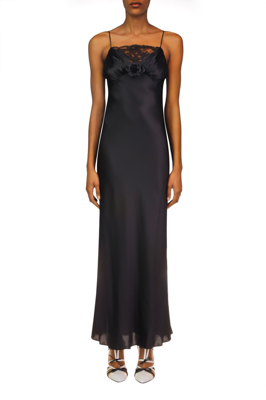 Hot Black Silk Satin Bias Dress With Ruched Bust And Black Lace Detail Dresses