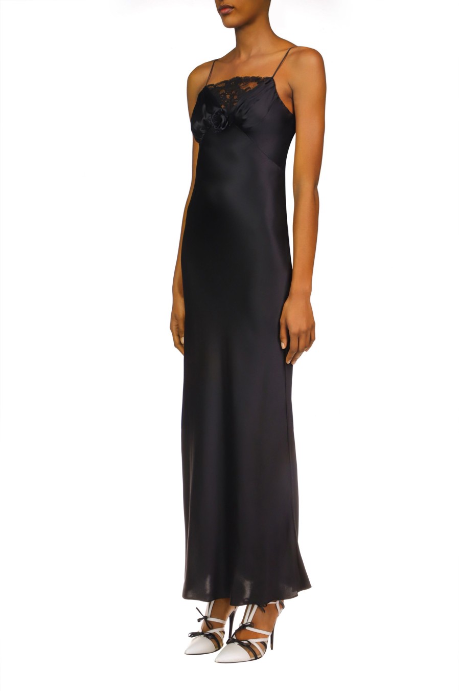 Hot Black Silk Satin Bias Dress With Ruched Bust And Black Lace Detail Dresses