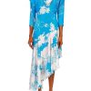 Hot Turquoise Floral Printed Silk Jacquard Long Sleeve Dress With Scarf Detail Dresses