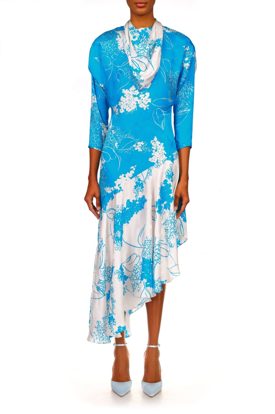 Hot Turquoise Floral Printed Silk Jacquard Long Sleeve Dress With Scarf Detail Dresses