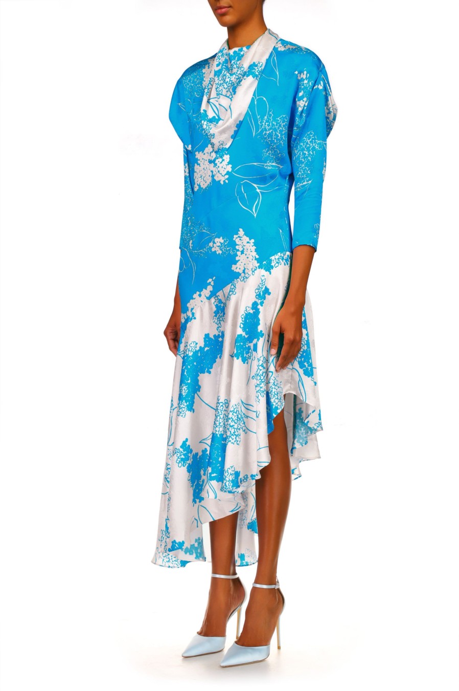 Hot Turquoise Floral Printed Silk Jacquard Long Sleeve Dress With Scarf Detail Dresses