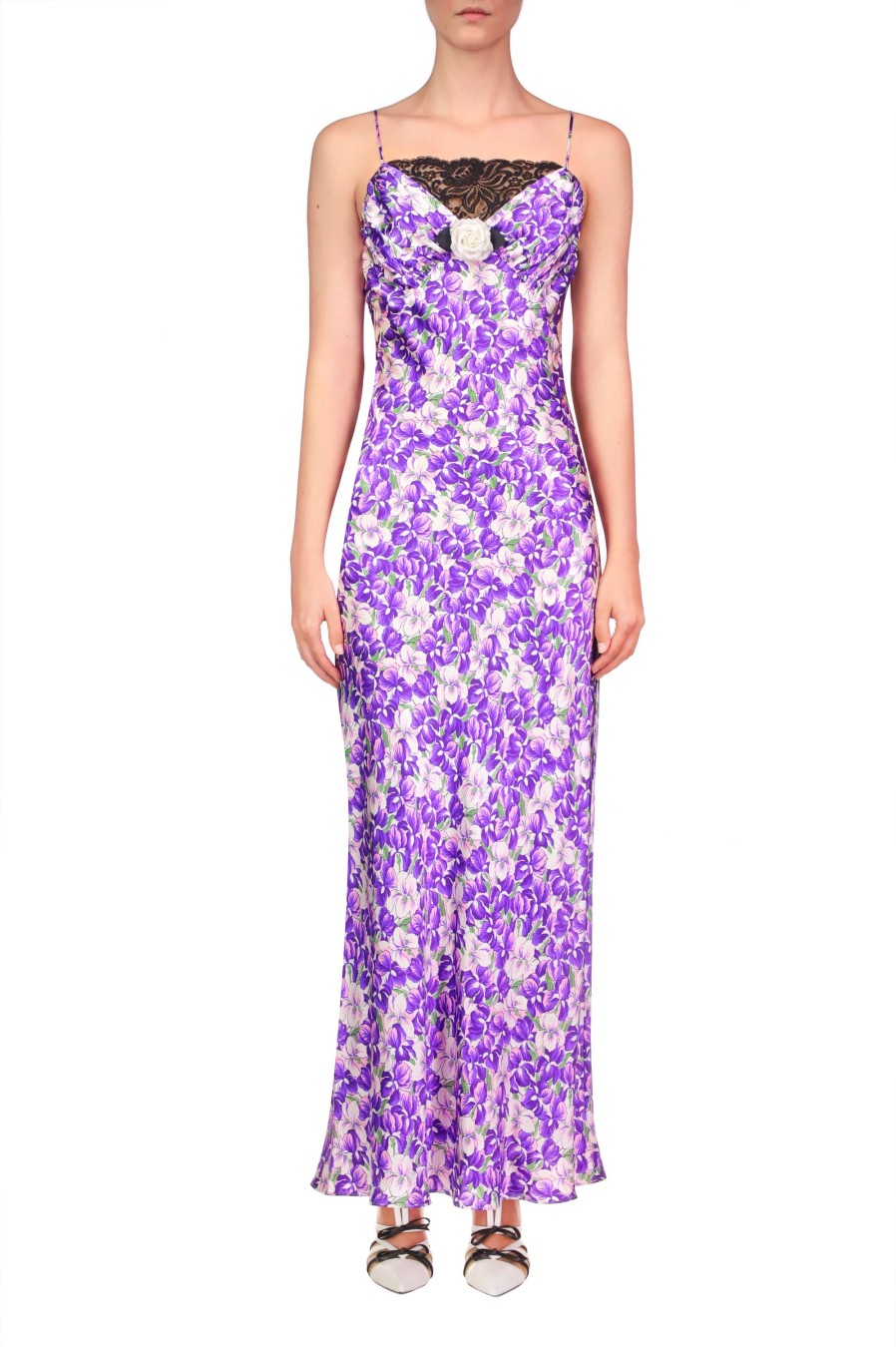 Wholesale Purple Iris Printed Silk Satin Bias Dress With Ruched Bust And Black Lace Detail Dresses