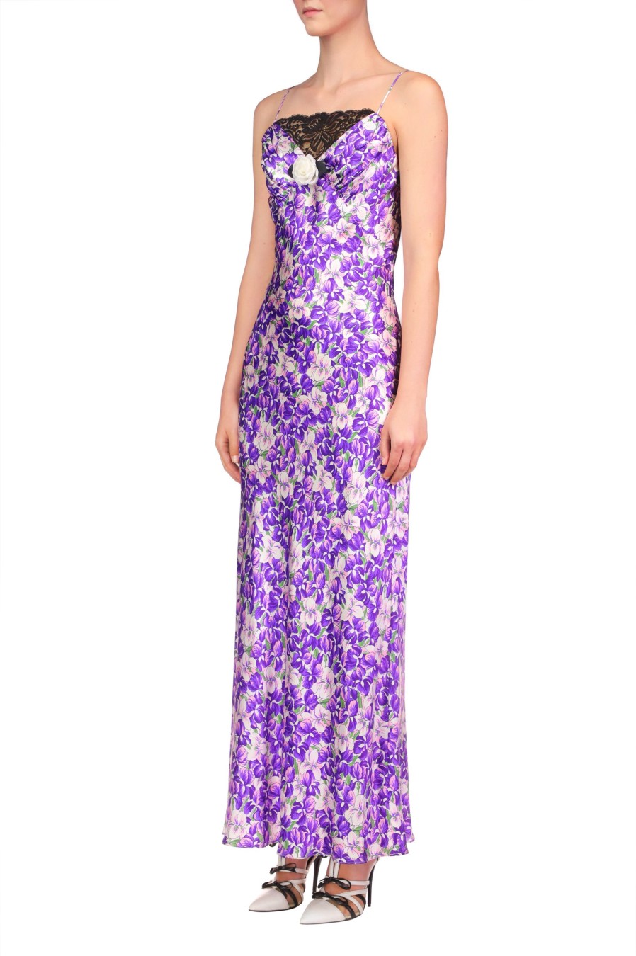 Wholesale Purple Iris Printed Silk Satin Bias Dress With Ruched Bust And Black Lace Detail Dresses