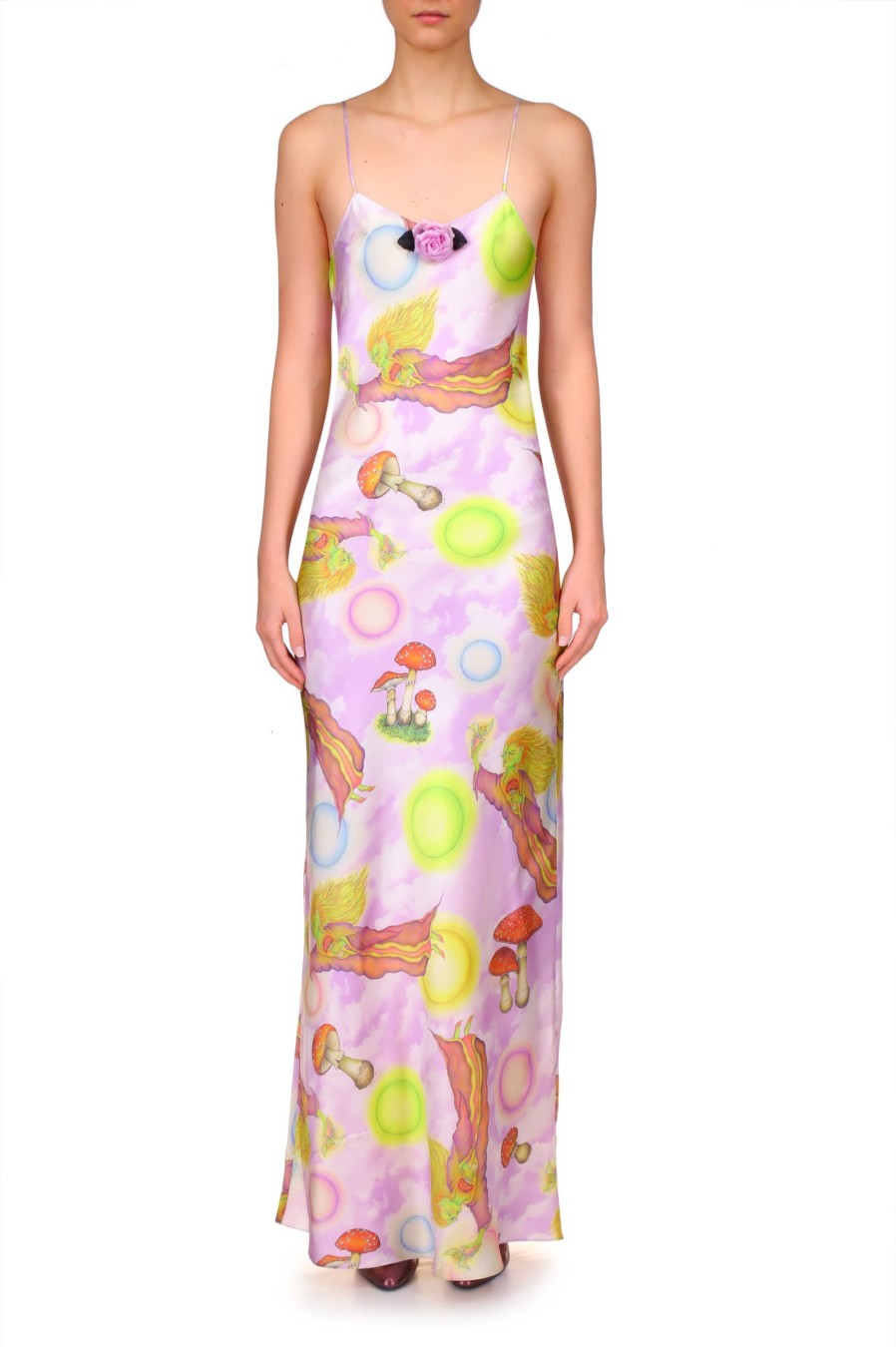 Online Lavender Cloud And Fairy Printed Silk Satin Bias Slip Dress Dresses