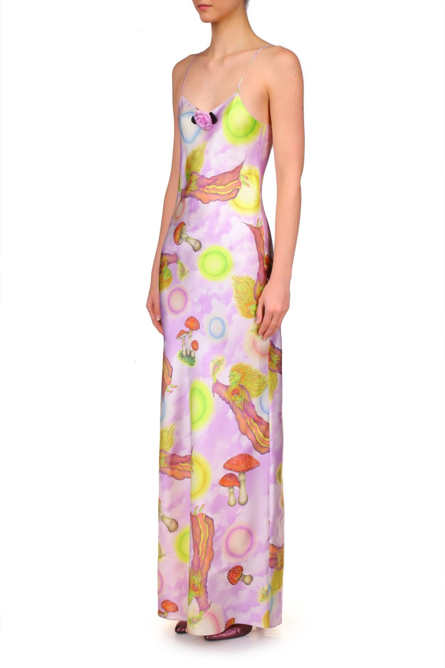 Online Lavender Cloud And Fairy Printed Silk Satin Bias Slip Dress Dresses