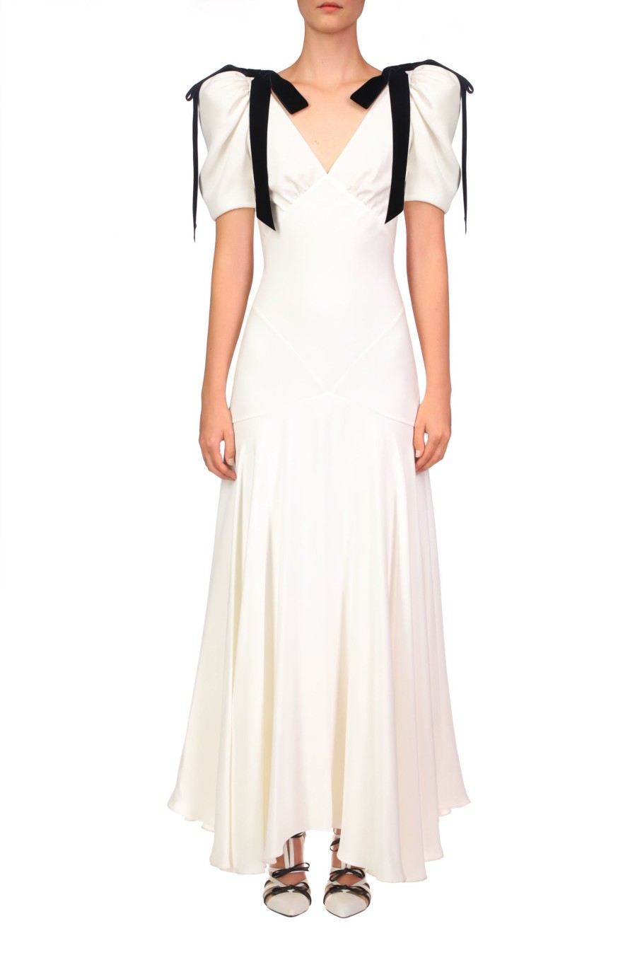 Online Off White Silk Crepe Bias Dress With Velvet Ribbon Bow Details Dresses