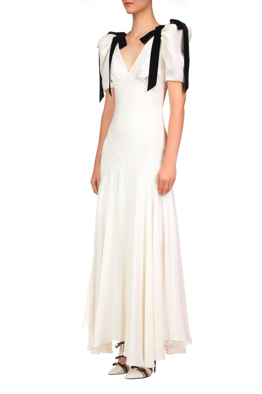 Online Off White Silk Crepe Bias Dress With Velvet Ribbon Bow Details Dresses