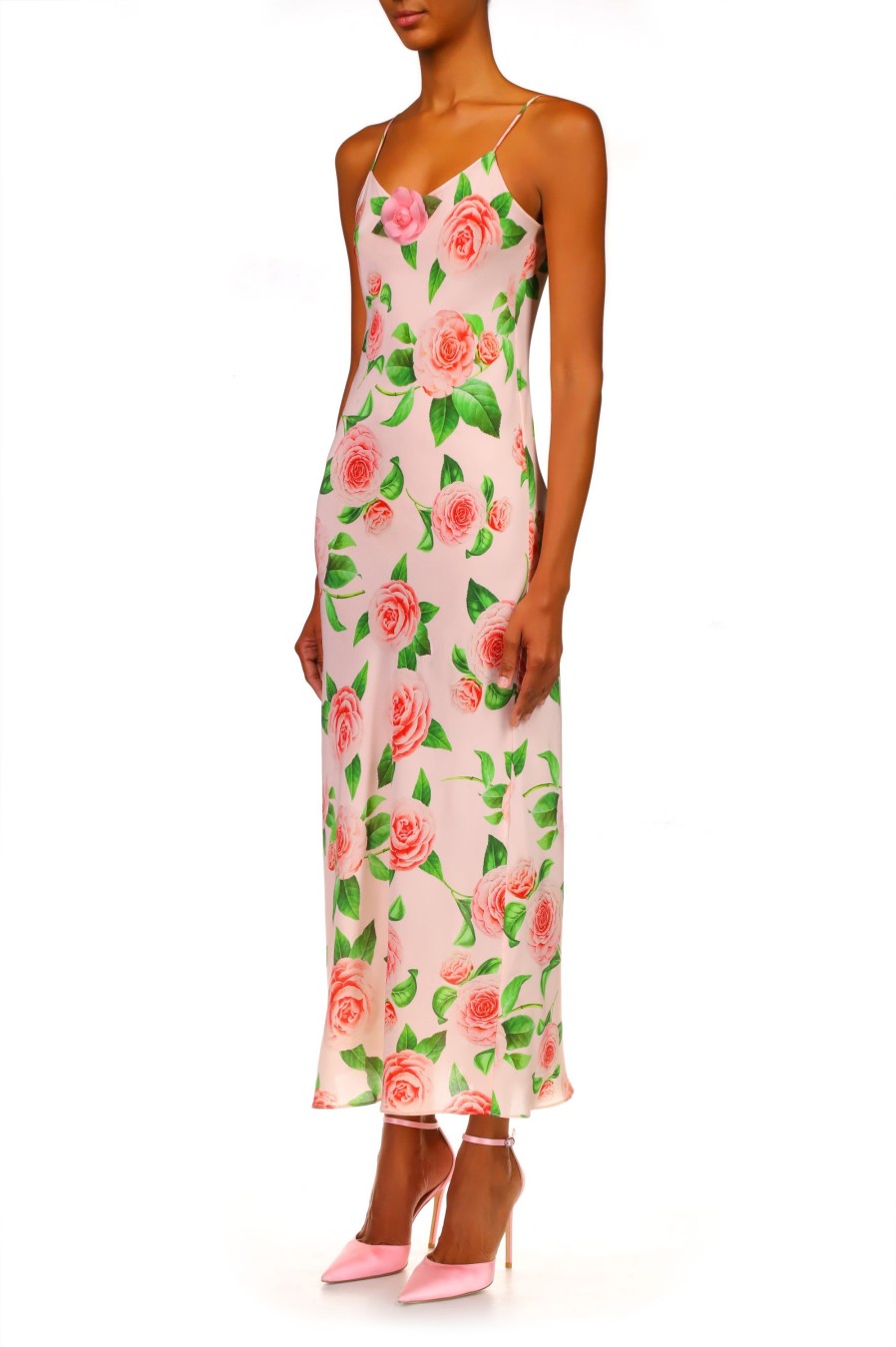 Wholesale Camellia Printed Silk Bias Slip With Silk Flower Detail Dresses