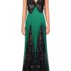 New Green Silk Satin And Black Sequin Dress With Godet And Lace Ruffle Dresses