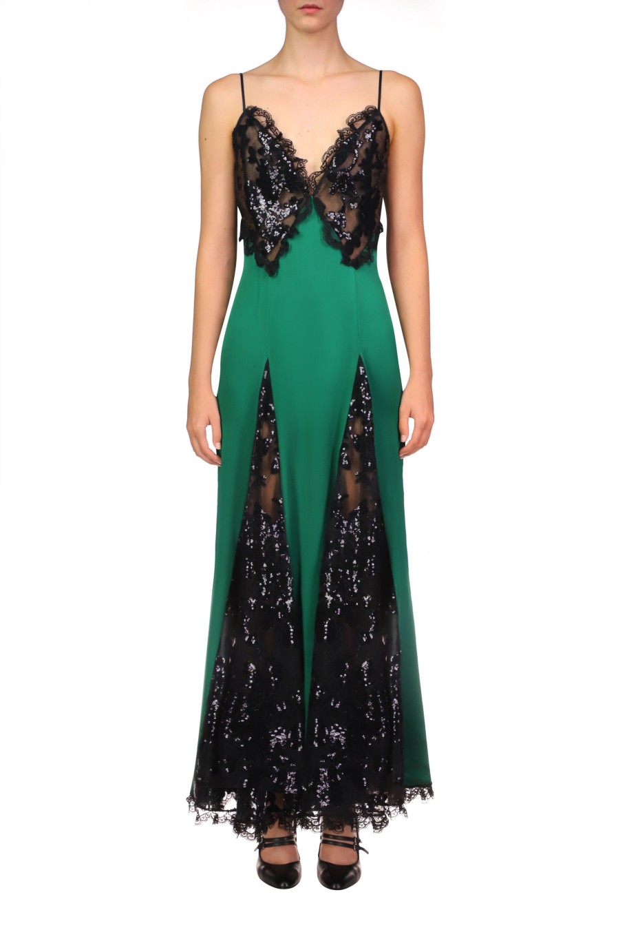 New Green Silk Satin And Black Sequin Dress With Godet And Lace Ruffle Dresses