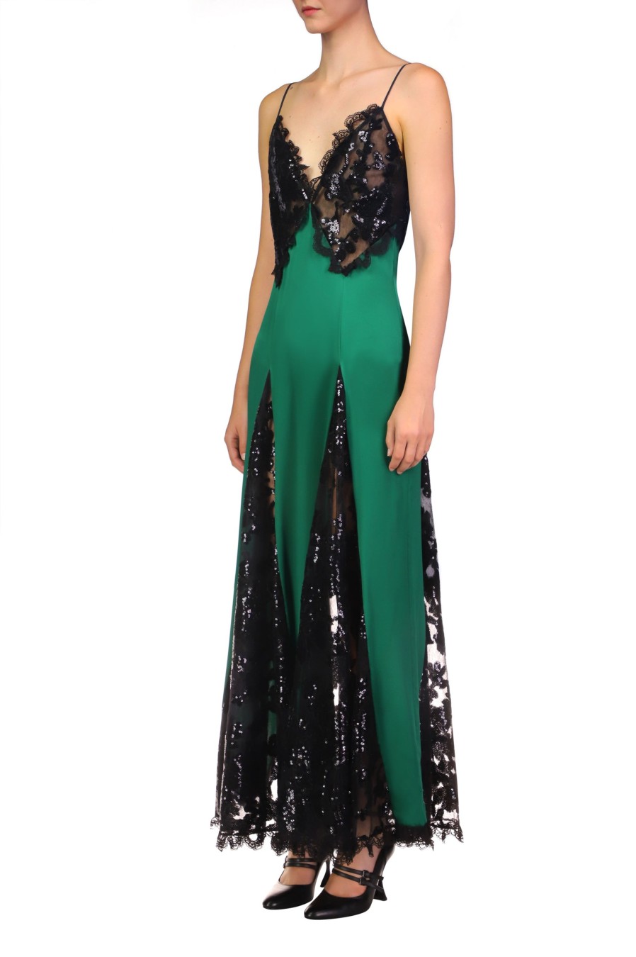 New Green Silk Satin And Black Sequin Dress With Godet And Lace Ruffle Dresses