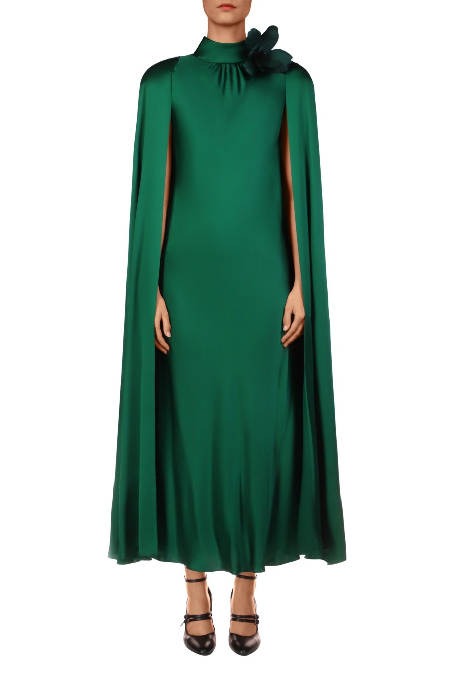 Wholesale Green Silk Satin Cape Dress With Flower Dresses